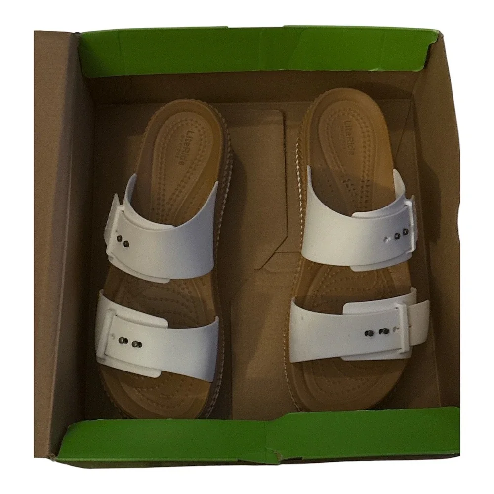 Crocs Brooklyn Low Buckle Womens Sandal Size 8 White Tan Wedge Slide NEW